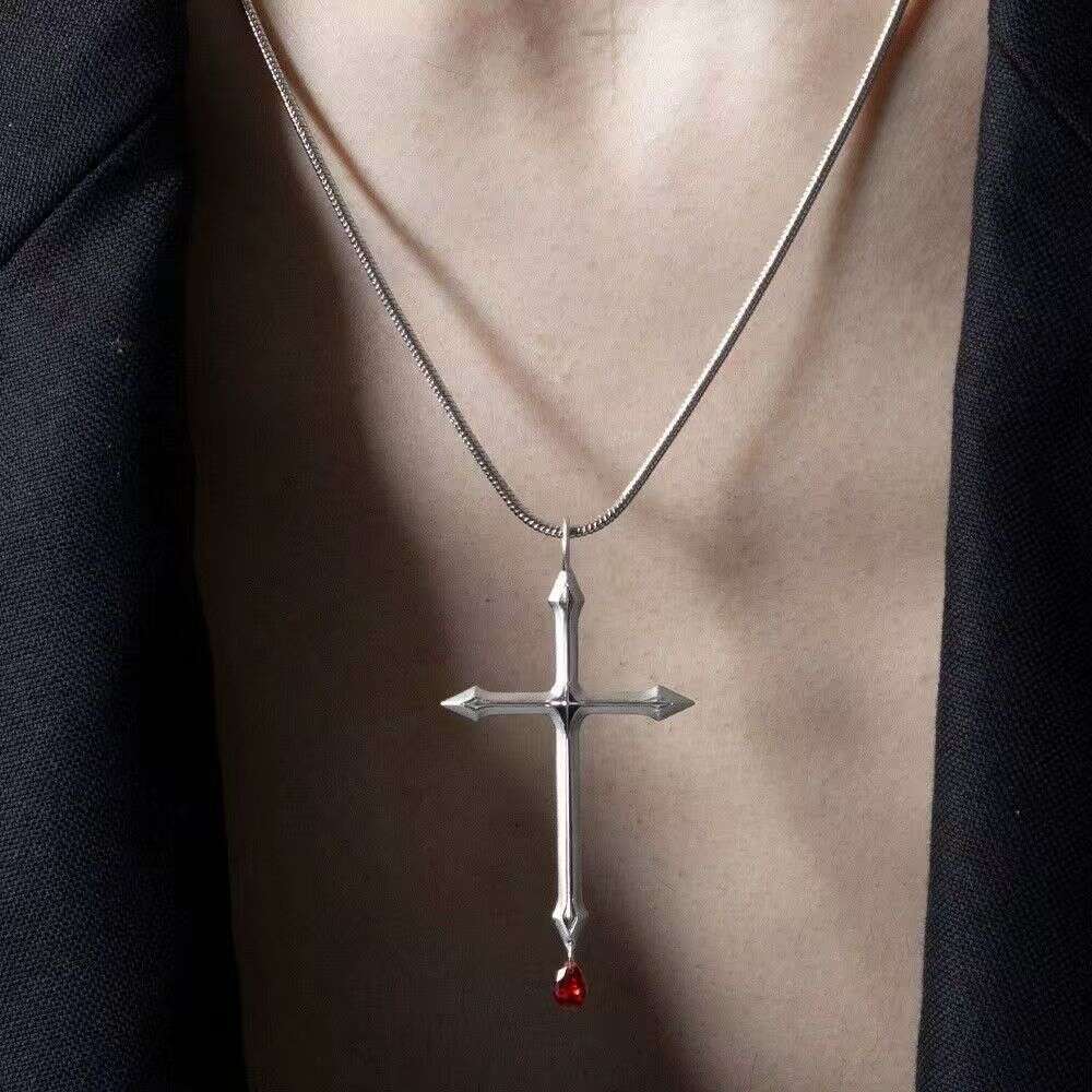 Gothic Cross Pendant Necklace with Red Crystal - Silver - Tone Religious Punk Jewelry Dia-Studded, Versatile, High-End Clavicle Chain Jewelry