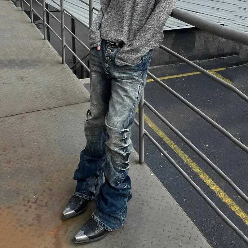 FEWQ 1 Style Mens Denim Pants Washing Button Design Pleated Loose Jeans Contrast Color Casual Male Bottom Vintage 4K51561 Y251105