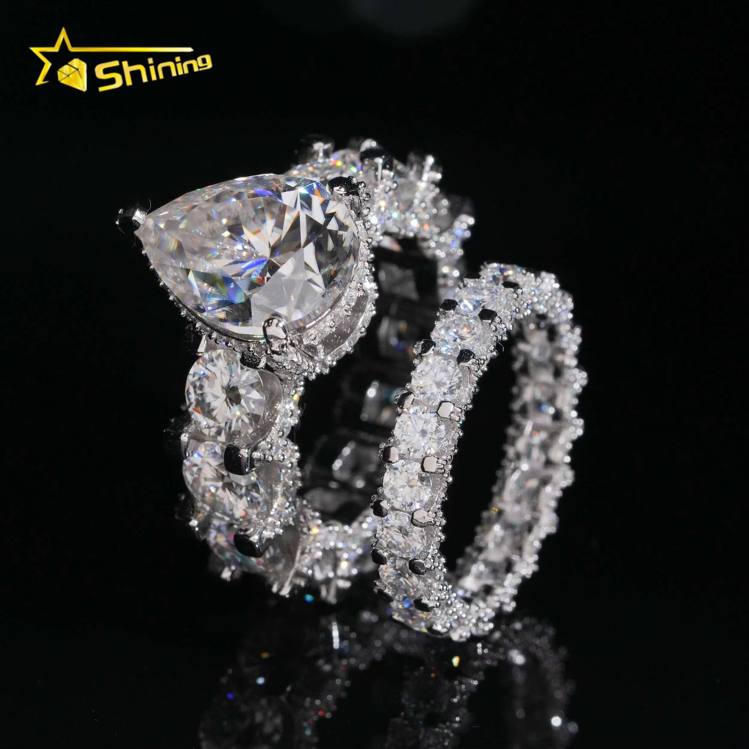 Wedding Ring Set 925 Sterling Silver Gold Plated Luxury Design Fully Band 6ct Pear Moissanite Pass Diamond Test Sparking Ring