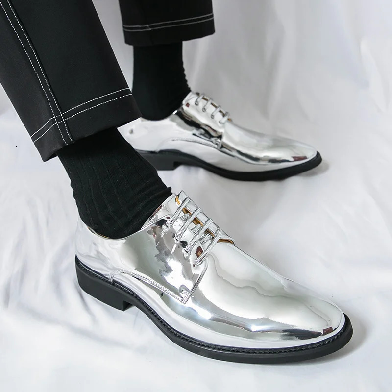 Silver Man Patent Leather Shoes Large Size 3850 Party Dress Wedding Shoes Men Pointed toe Leather Shoes Oxford 251010