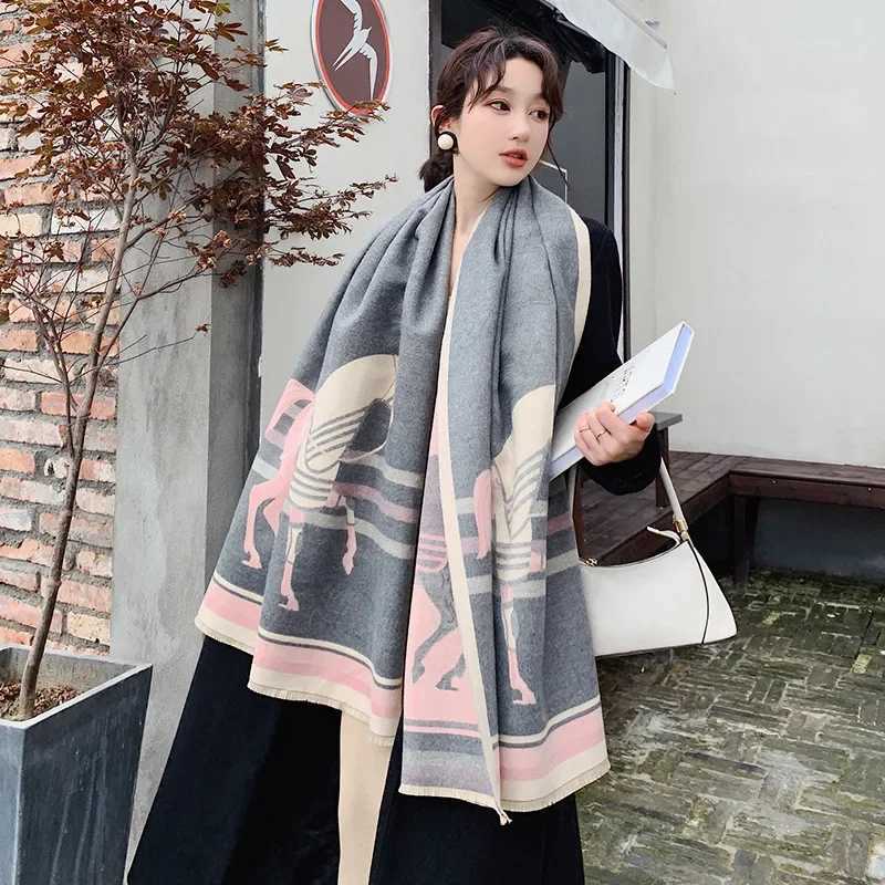 2024 Luxury Brand Thick Cashmere Winter Scarf Pink Grey Horse Print Warm Foulard Lady Soft Bufanda Shawls Wraps C251017