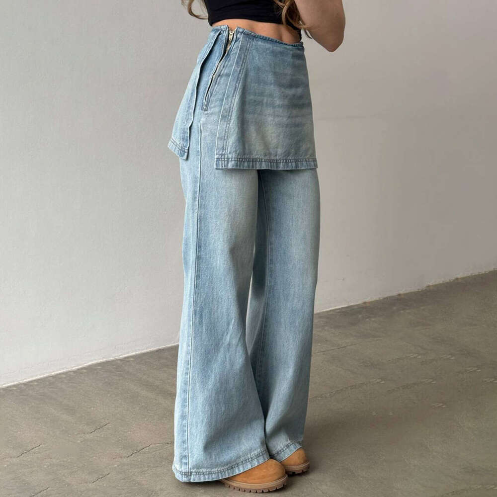Fashion Side Zipper Fake Two-Piece Jeans Patchwork Washed High Waist Irregular Eight-Point Wide-Leg Autumn Winter B5