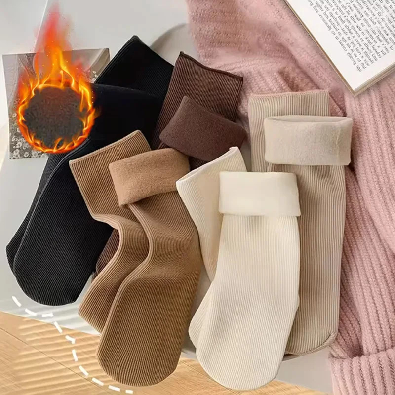 5 Pairs Snow Socks For Women Autumn Winter Socks With Fuzzy Thickened Warm Sleeping Floor Stockings Womens Solid Color Socks 251017