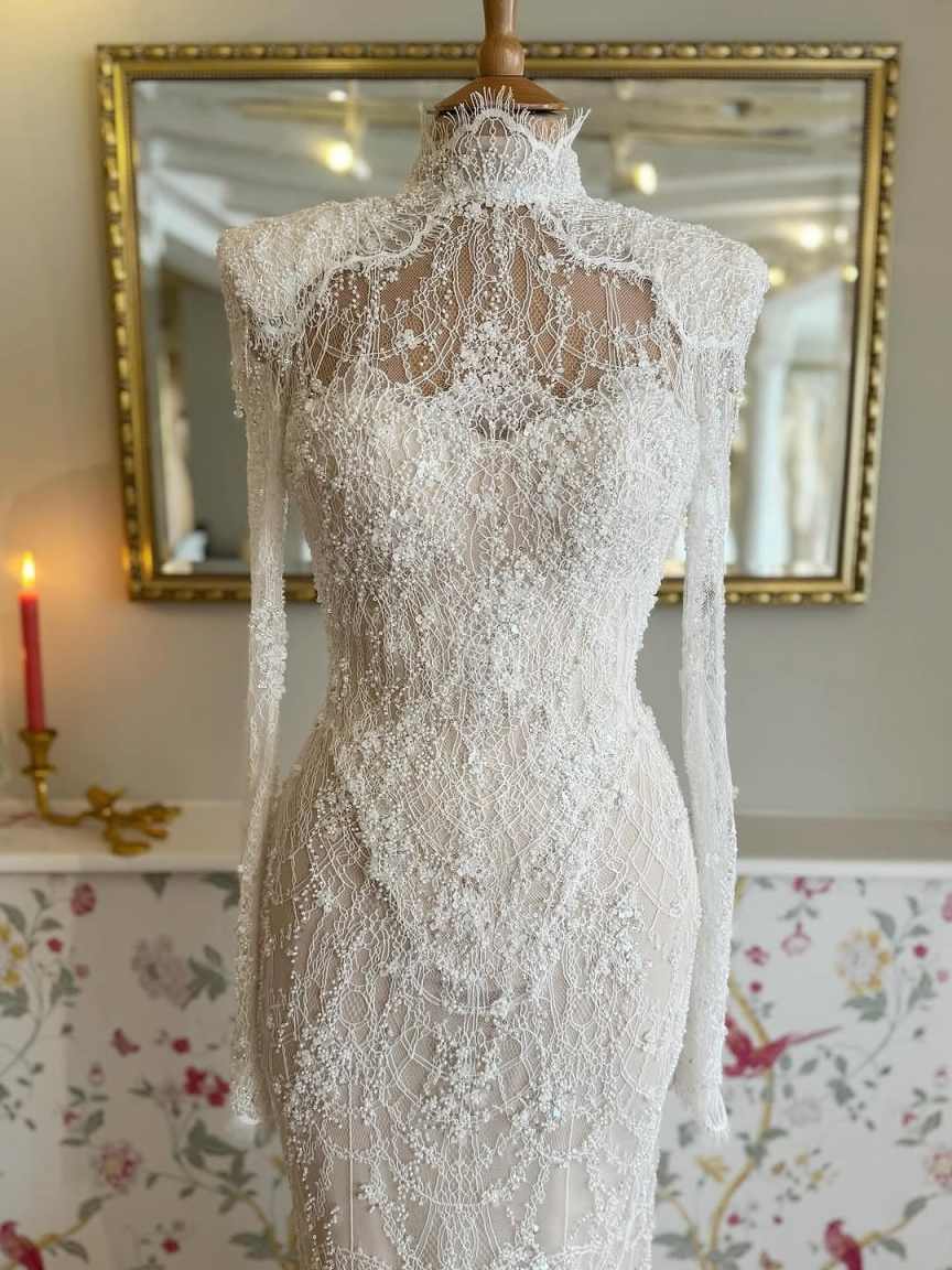 New Wedding Dress Mermaid Shine 3D-Lace High-Neck Appliques Bridal Gowns Detachable Train Robe De Vestido Plus Size Customized