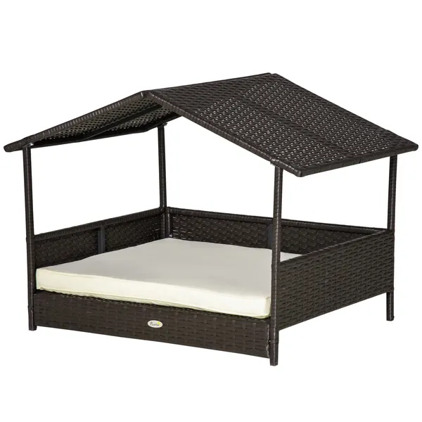 PawHut Wicker Dog Bed Outdoor Elevated with Rattan Canopy Cushioned PE Rattan Dog Cat House Sleeping Pad Cream