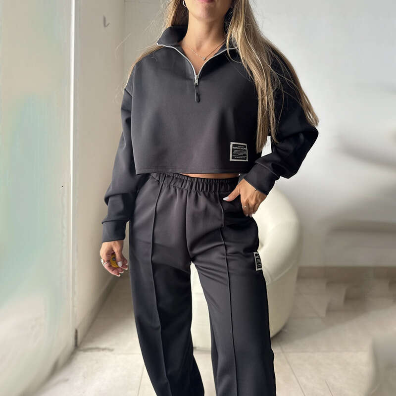 Women's Autumn And Winter New Fashion Half-Zip Solid Color Short Sweatshirt Set For Women B5