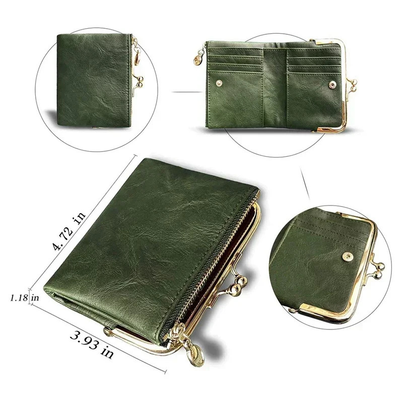 Womens Wallet Short Bifold Retro Multifunction Coin Purse with Zip and Kiss Lock Green PU Leather Female Short Purses 251009