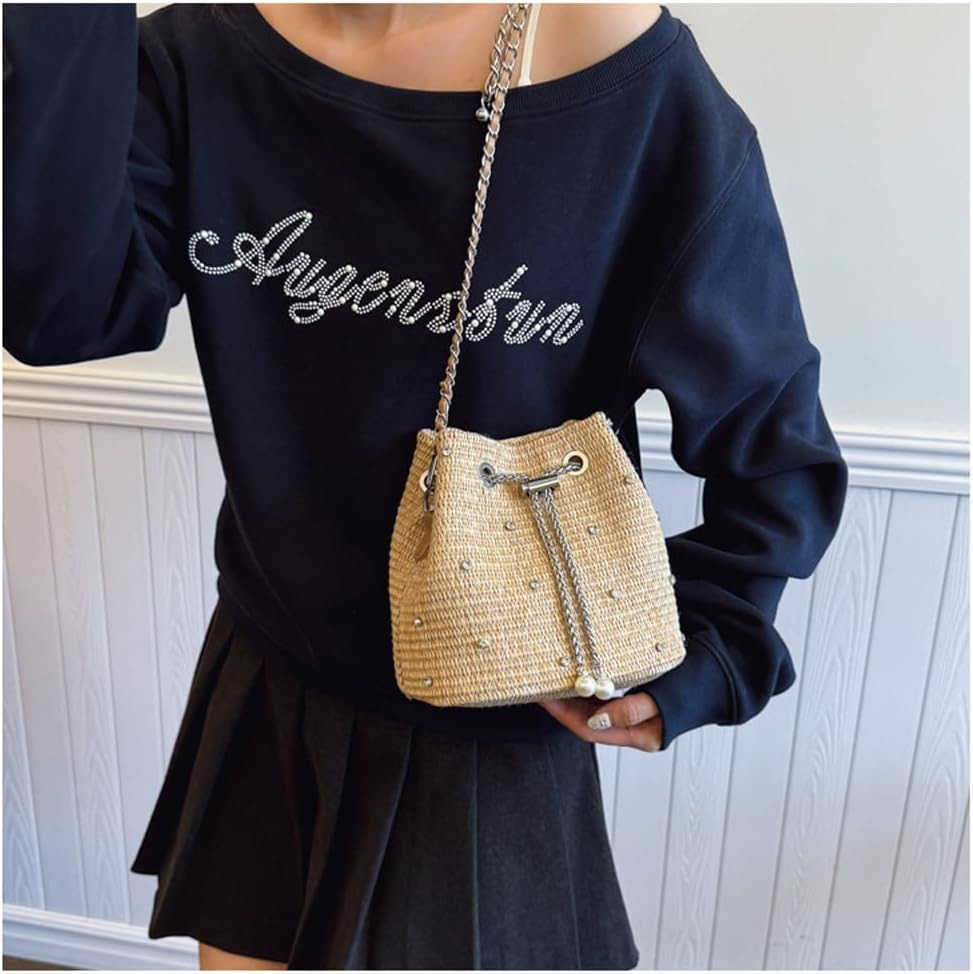 Straw Bucket Purse for Women Summer Vacation Crossbody Purses Beach Bag Beaded Rhinestone Handbag Z251017