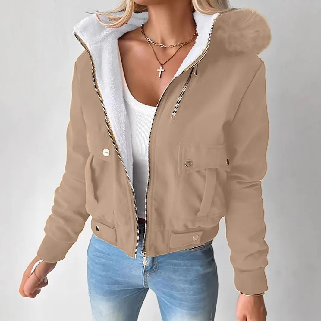 Women Autumn Winter Cotton Jacket Button Solid Color Zippers Pockets Hooede Casual Fashion Warm Comfortable Regular Standard Fit 251011