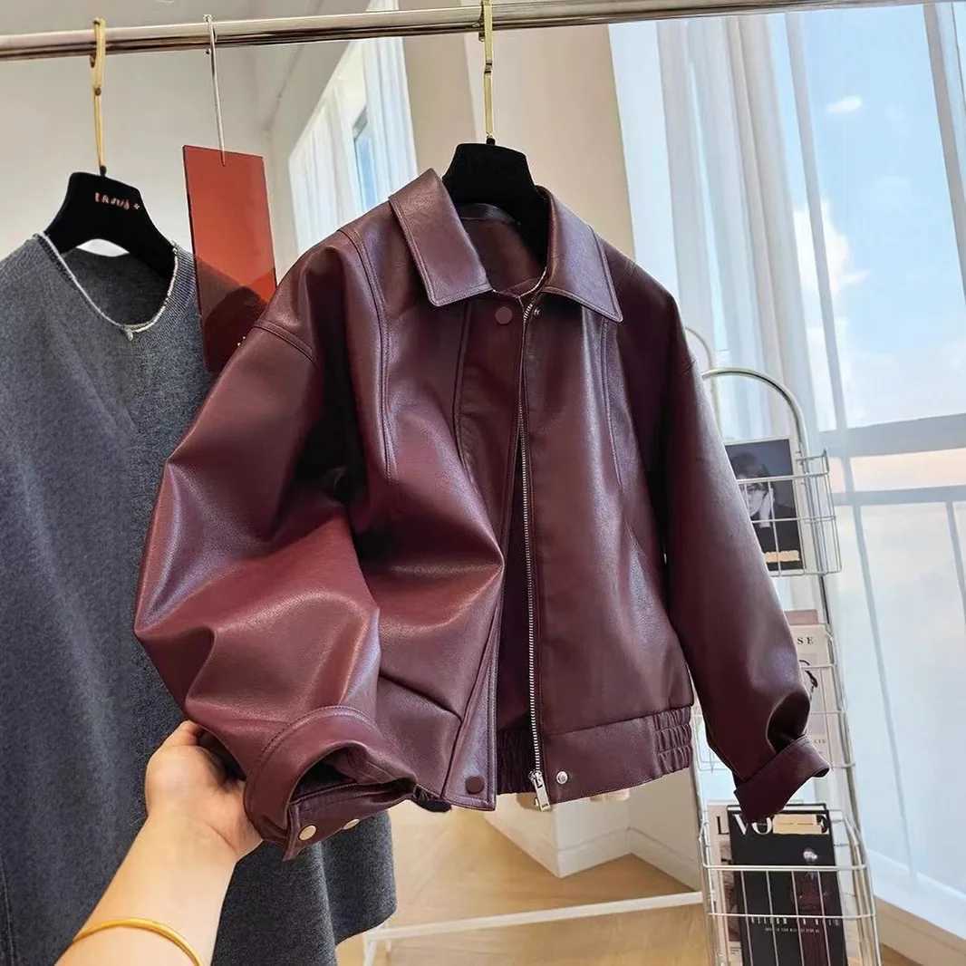 Faux Leather Women Coats Solid Jacket Turn Down Collar Long Sleeves Zippper Loose Fit Moto Casual Streetwear 2025 Autumn WinterT251017