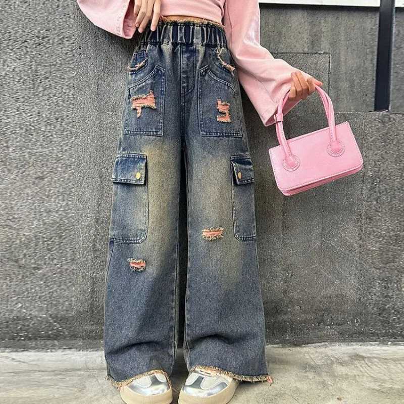 Womens WideLeg Cargo Jeans for Tween Girls Straight Leg Big Kid Autumn Pants Stylish School Jeans for Girls Hot Sale 2025T251017