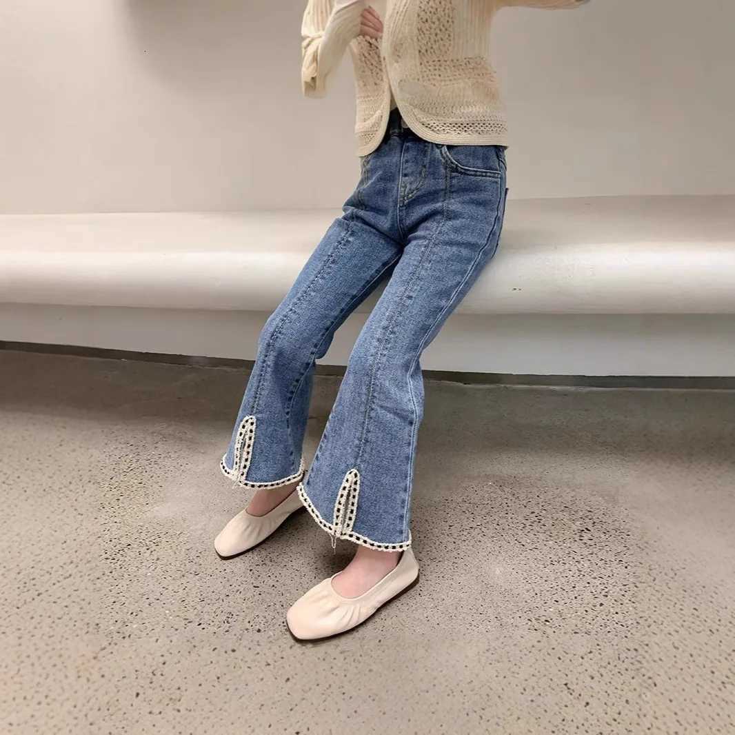 New Arrived Korean Child Flare Jeans with Slits Lace for Girls Little Fragrance Denim Pants Kids Baby Classic Jeans TrousersT251017