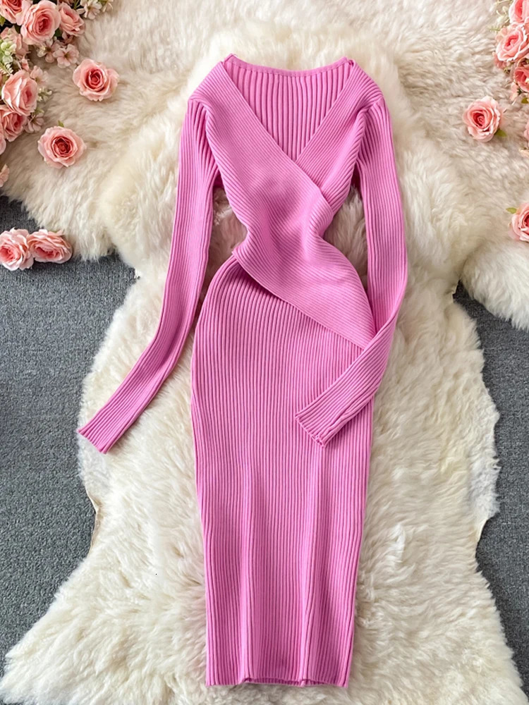 YuooMuoo Autumn Winter Women Dress Elegant Cross Vneck Slim Waist Knitted Bodycon Dress Korean Office Lady Vestidos 251017