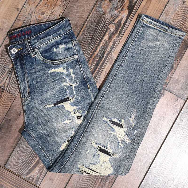 Street Fashion Men Jeans Retro Blue Stretch Slim Fit Hole Ripped Jeans Men Patched Designer Hip Hop Vintage Denim Pants Hombre1 Y251105