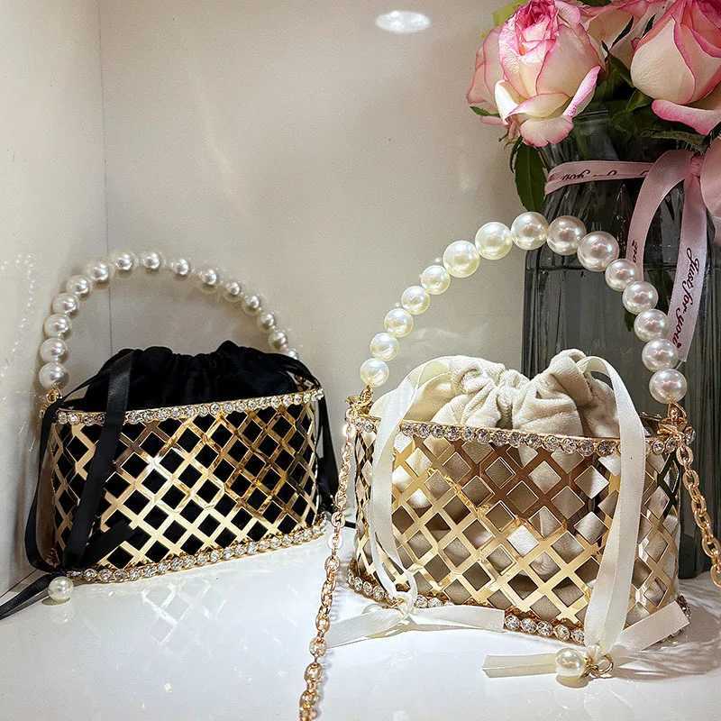 Fashion Pearl Beaded Handheld Women Handbag Gold Metal Cage Glitter Diamond Evening Bag Wedding Party Clutch Purse Crossbody Bag Z251017
