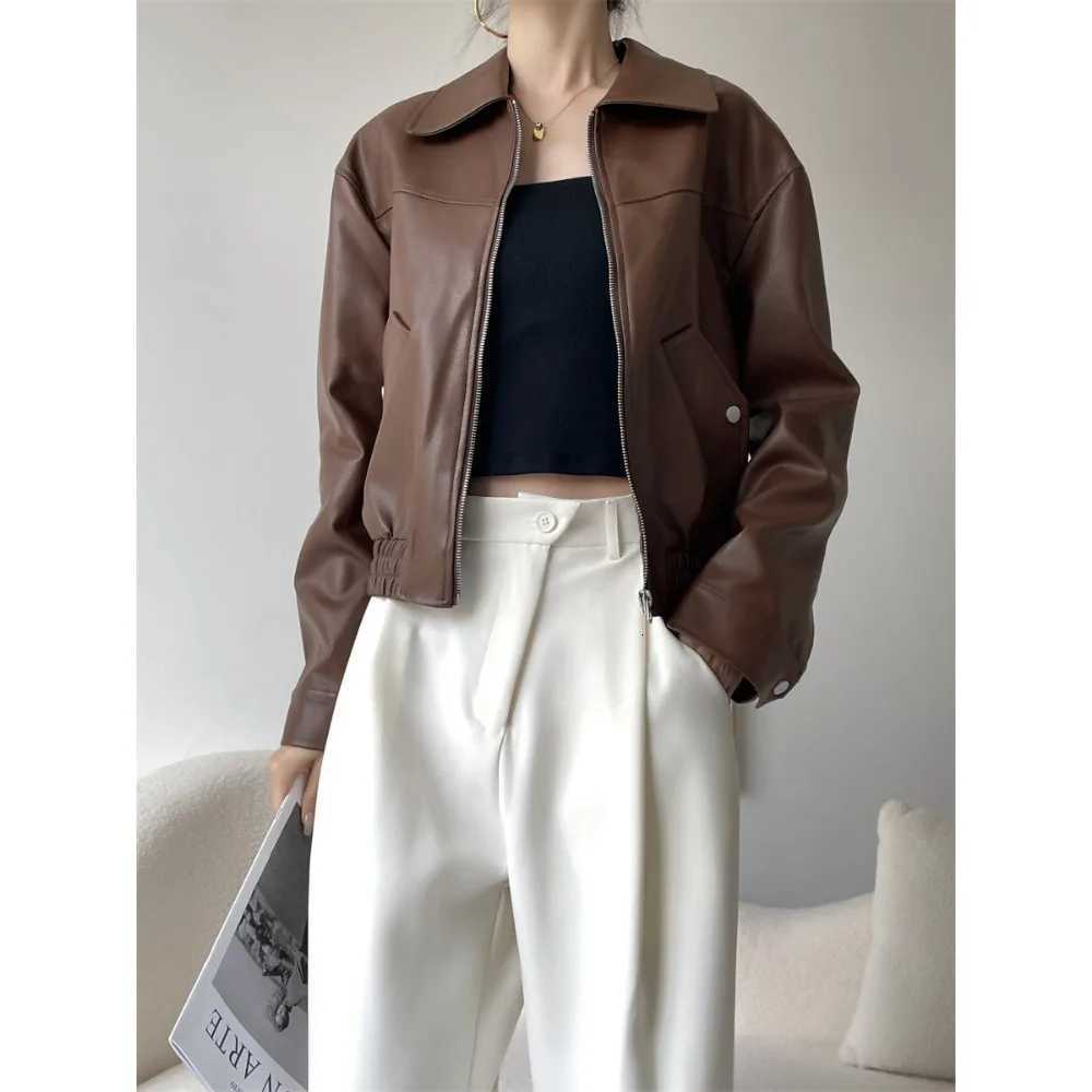 Leather Coat Lady 2024 Autumn Winter American Vintage PU Leather Jacket Small Motorcycle Faux Leather Jacket Women High StreetT251017