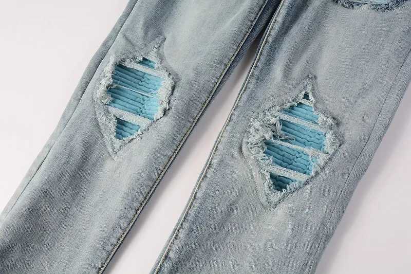 Mens Light Blue Pleated Patchwork Stretch Denim Jeans Streetwear Holes Ripped Pencil Pants Trendy Slim Skinny Trousers1 Y251105
