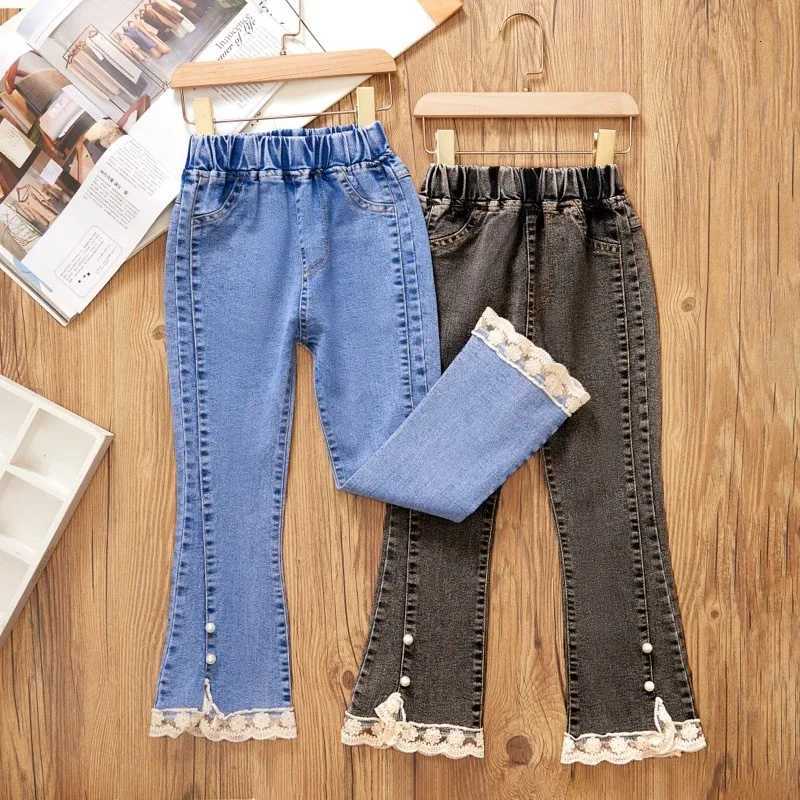 Autumn Kid Girls Jeans Fashion Lace Elastic Waistline Denim Flared Pants Solid Color Trousers Spring Teenager Girl Clothes 112YT251017