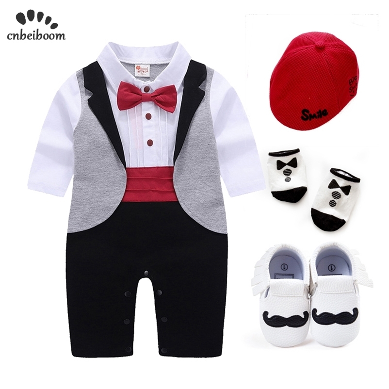 New born Baby Tuxedo sets rompers clothing set for boys weeding birthday formal party clothes dress cotton long sleeve costume 210226bj