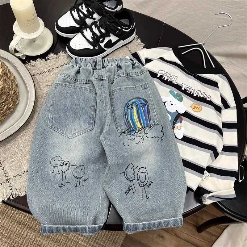 Childrens Jeans Trousers Spring and Autumn Pants Boys Stretch Pant 2025 New Boys Baby Loose Print Feet PantsT251017