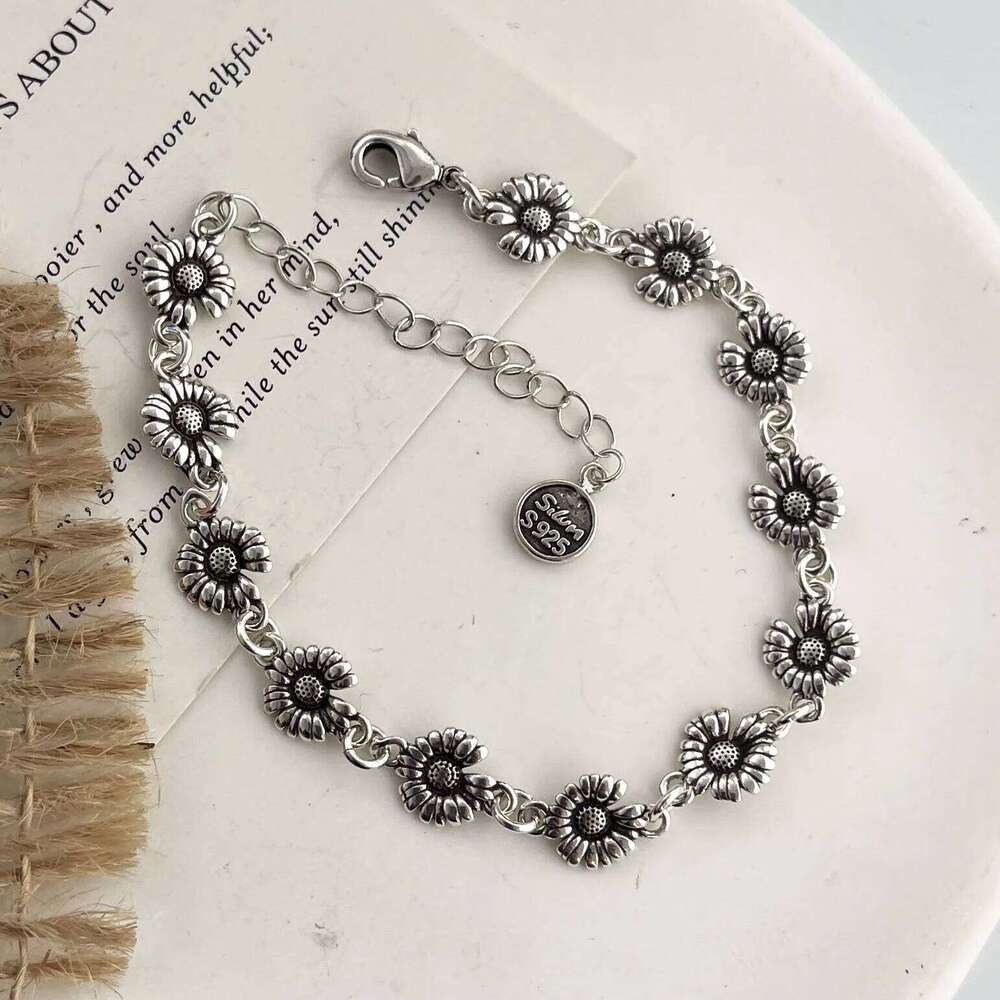 100% Solid Sterling Sier Retro For Women Men Vintage Flower Handmade Patern Bracelet Birthday Gift