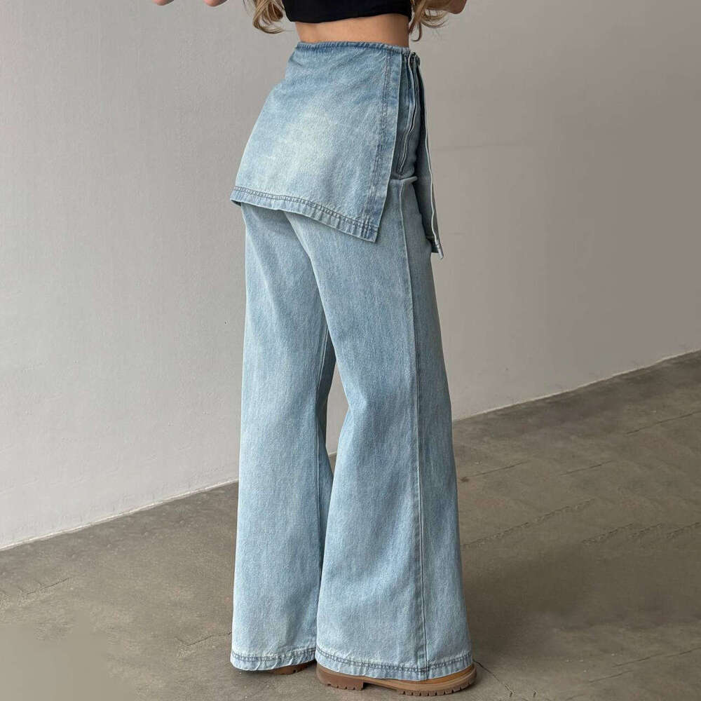 Fashion Side Zipper Fake Two-Piece Jeans Patchwork Washed High Waist Irregular Eight-Point Wide-Leg Autumn Winter B5