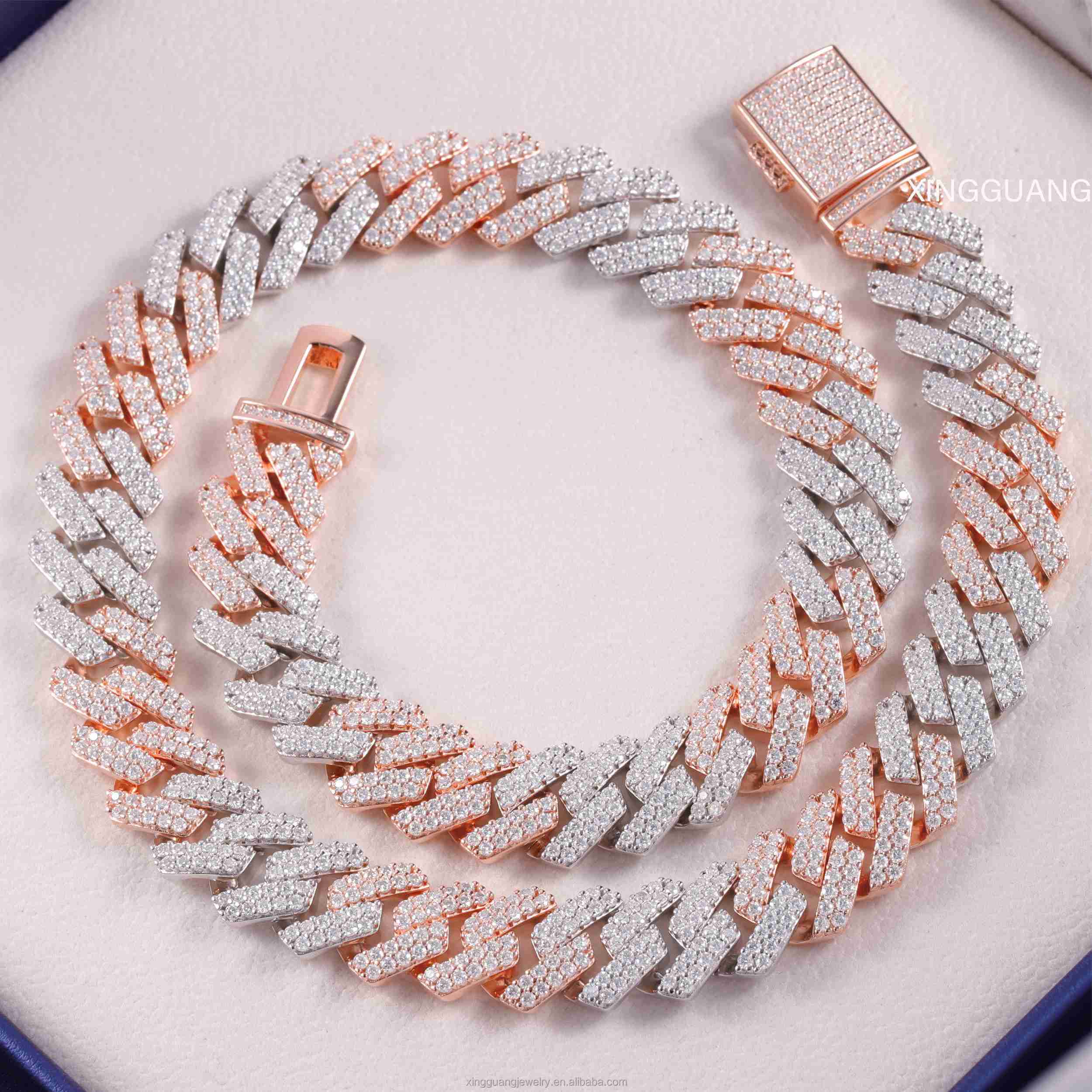 Customized Trend Two Tone Necklace 925 Silver Gold Plated Moissanite Cuban Chain Hip Hop Jewelry 15MM Wide VVS Moissanite Cuban Lidynamic Chain