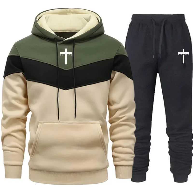 Jesus Cross Men Casual Sportswear Set Hooded Sweatshirt Winter Jogger Tracksuit Autumn Urban Fashion Hoodies Black Sweatpants Z251017