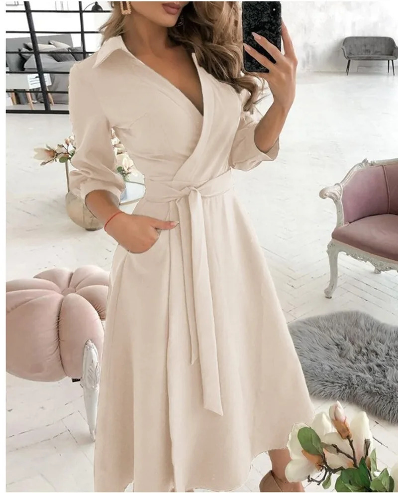Spring Autumn Fashion Office Ruched Dress Longsleeved Vneck Red Black Blue Bag Hip Dress Womens Clothing Dress for Women 251017