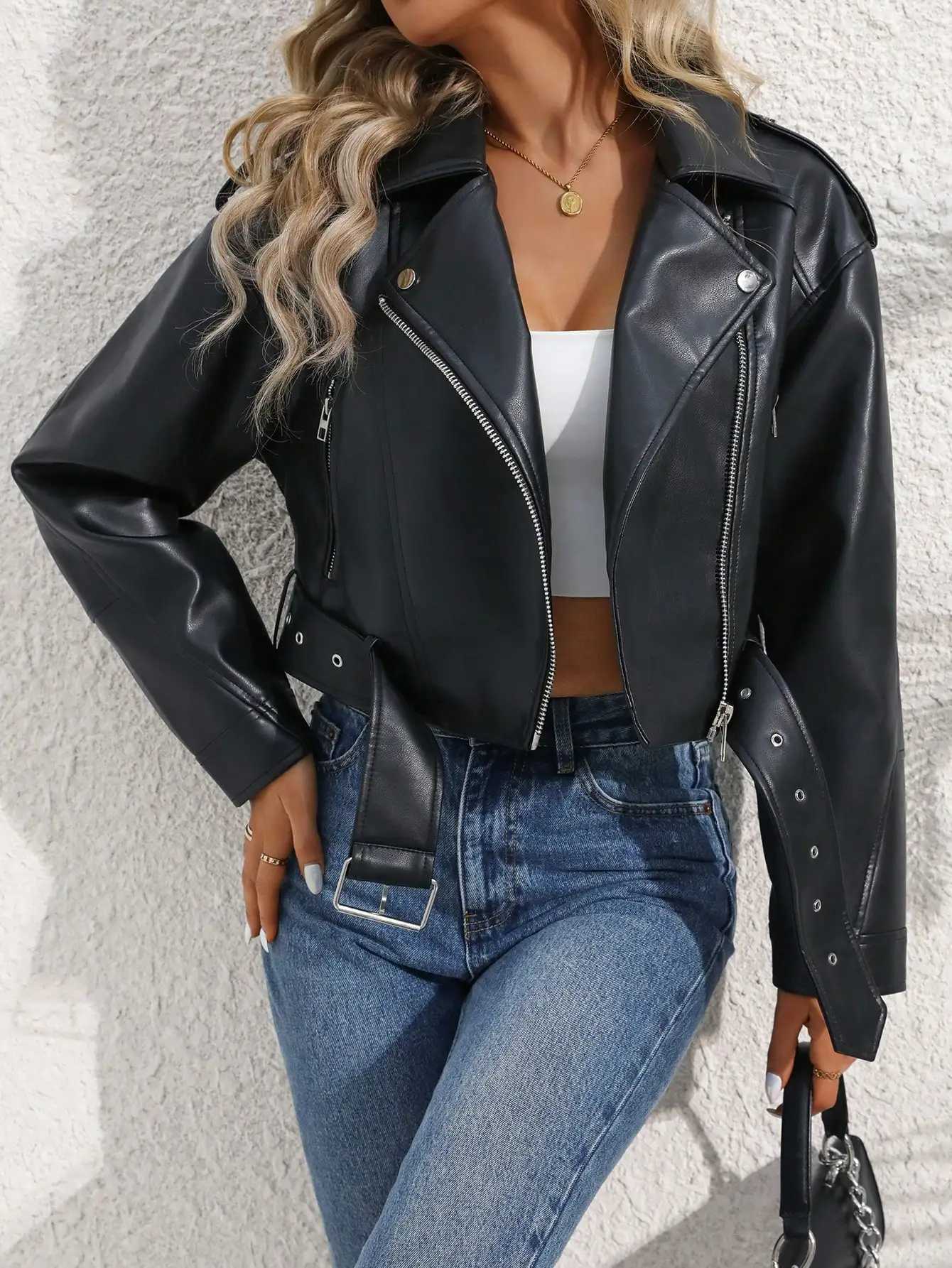 Fitaylor Women Faux PU Leather Jacket Casual Lady Lapel Zipper Short Coat Motorcycle Leather OutwearT251017