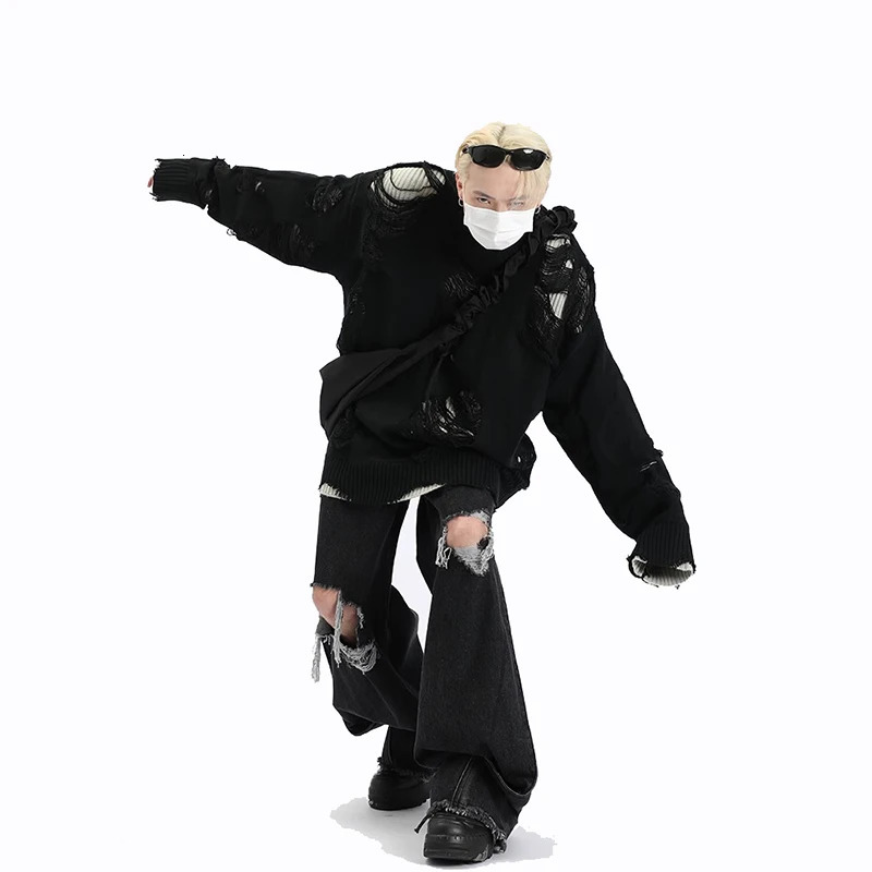 Two Pieces Hole Mens Sweaters Knit Oversize Y2k Hollow Knitwear Subculture Reversible Cardigan Coats Mens Clothing 251017