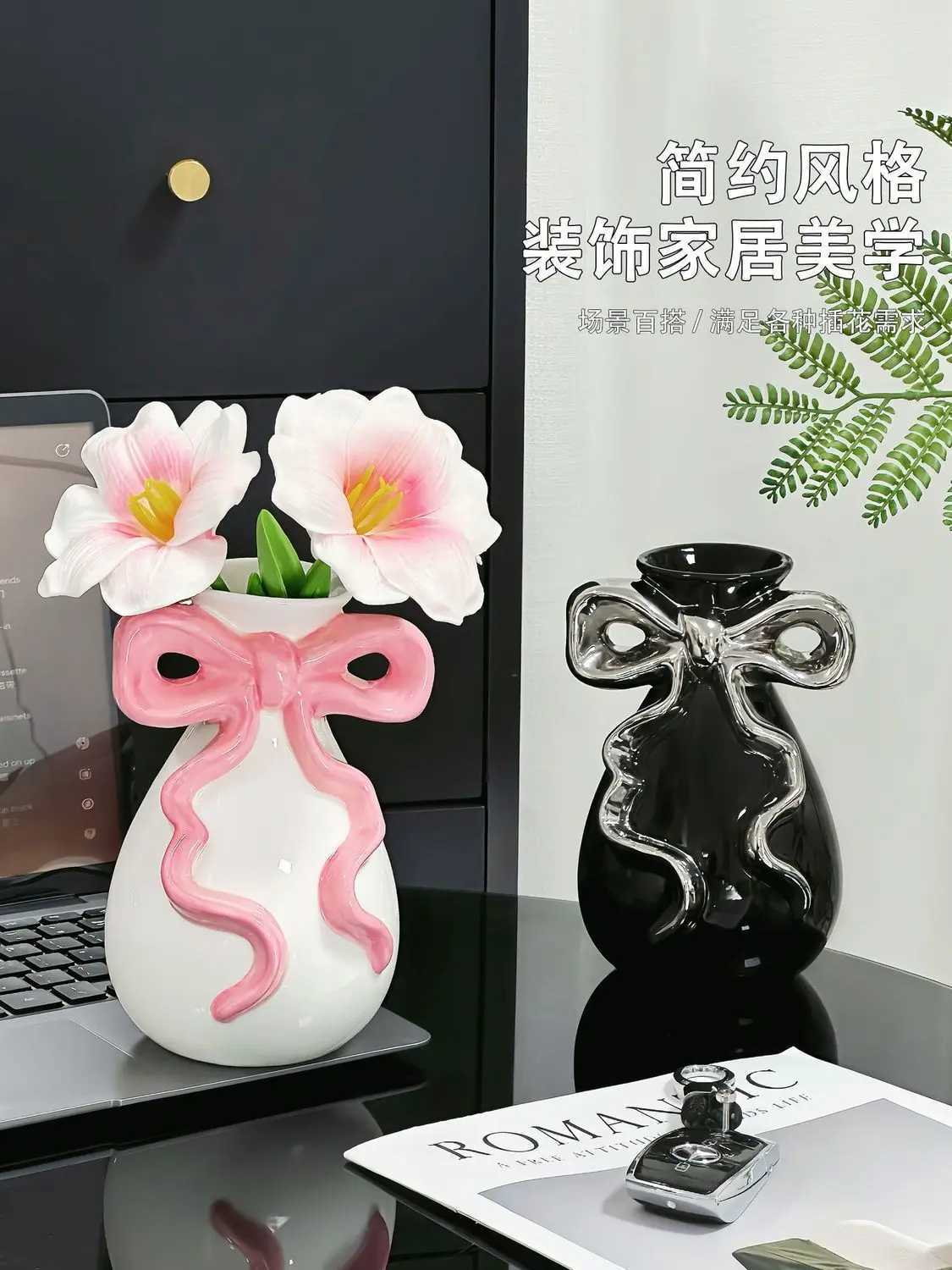 Ins Bow Knot Vase for Home Living Room Entrance Decoration High Beauty Score Creative Ceramic Flower Pot Desktop Decorative Item C251017