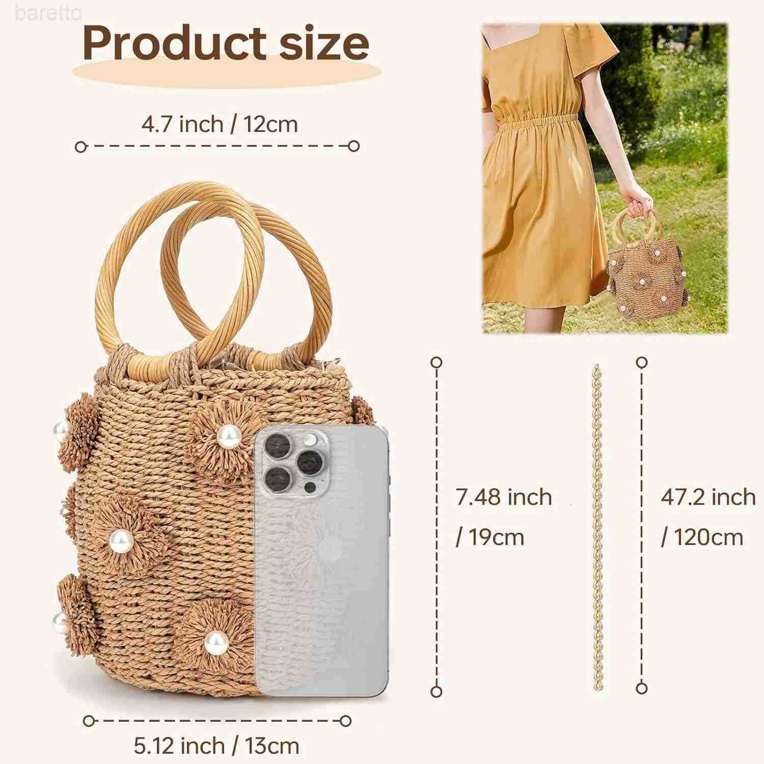 Straw Bucket Bag Flower Pearls Rattan Tote Bag Summer Beach Bag Woven Handbag Drawstring for Women Z251017