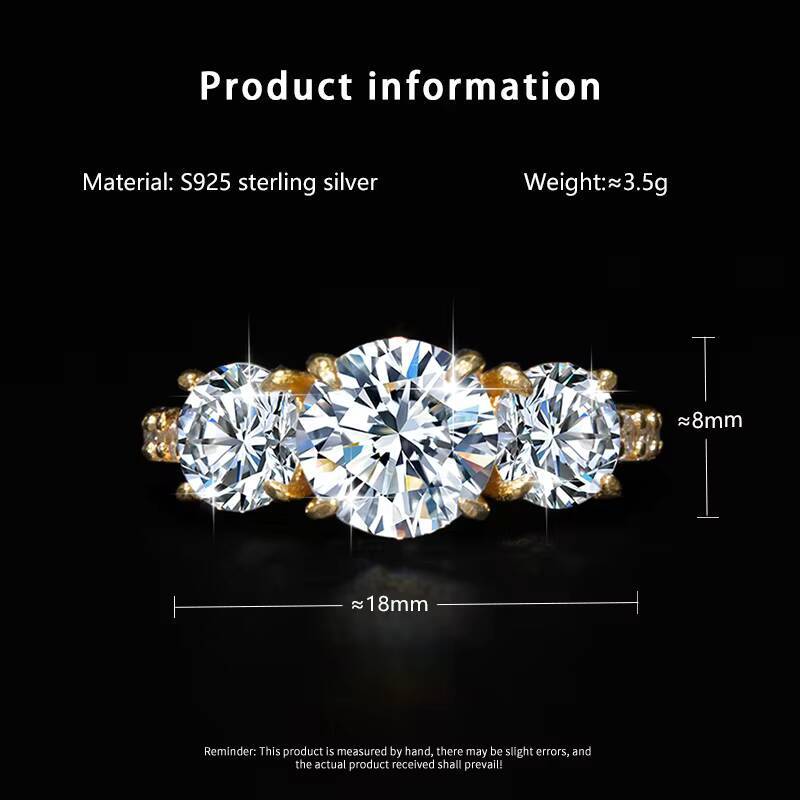 Luxury S925 Sterling Silver Gold Plated Three Diamond Moissanite Ring for Women Wedding Engagement Rings