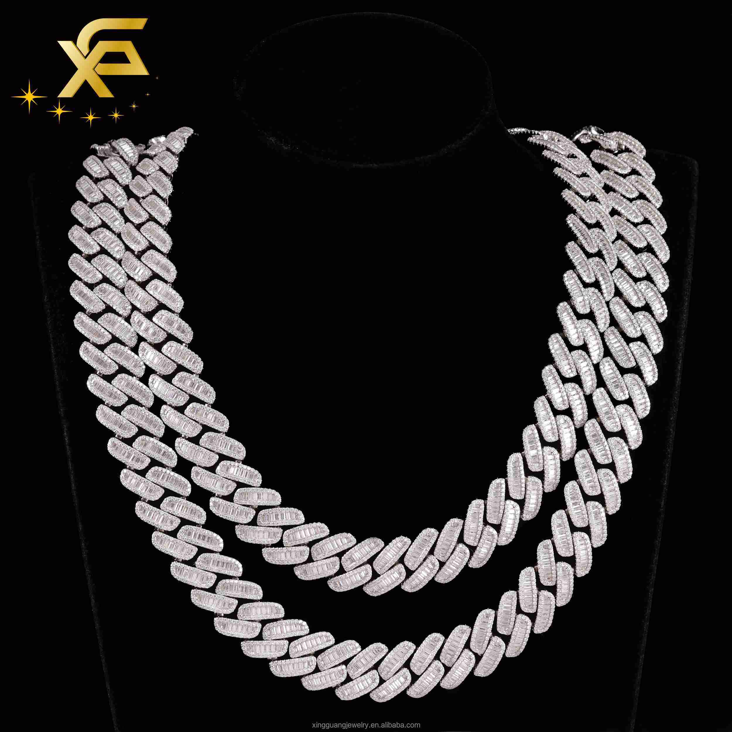 Baguette Cut 18K Gold Plated Necklace Iced Out 18mm 925 Sterling Silver Hip Hop Jewelry Vvs Moissanite Cuban Lidynamic Chain