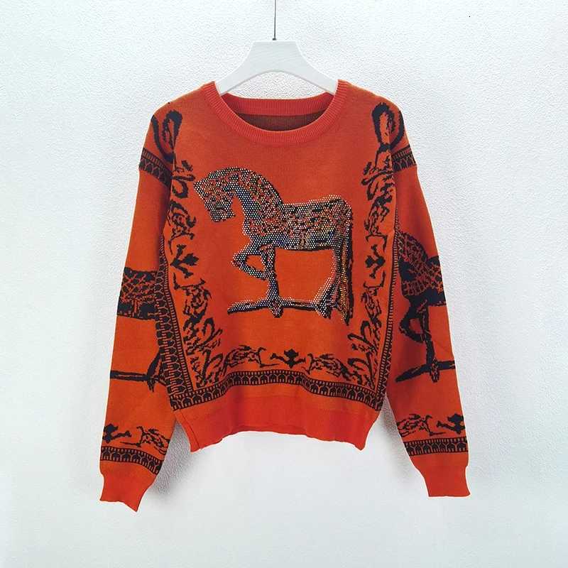 H Horse Rhinestone Pattern Knit Sweater Women Pullover Autumn Winter Top Coat Clothes Luxury Brand Designer 2024 Spring Clothing H251017