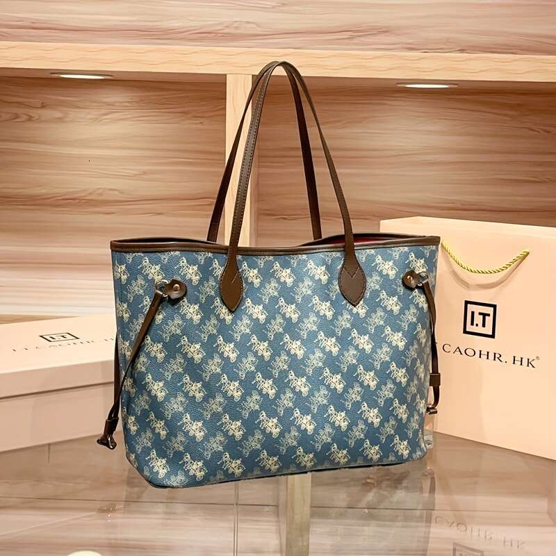 Elegant Blue Handbag, Red Interior, Large Capacity, Gold Hardware, Detachable Shoulder Strap - Suitable For Daily And Commuting, Travel Floral Print H