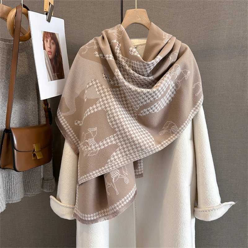 Women Winter Scarf Cashmere Shawls and Wraps Bufandas Horse Print Warm Thick Scarves Blanket for Lady 2025 C251017