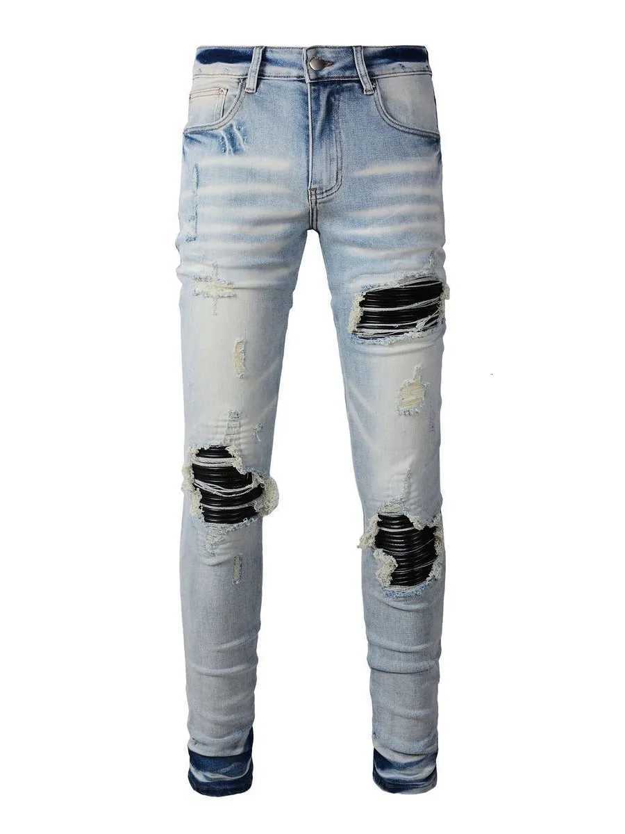 1 High Street Sle Distred Patch Slim Fit Jeans Mens Casual Faionable Straight Leg Long Pants Y251105