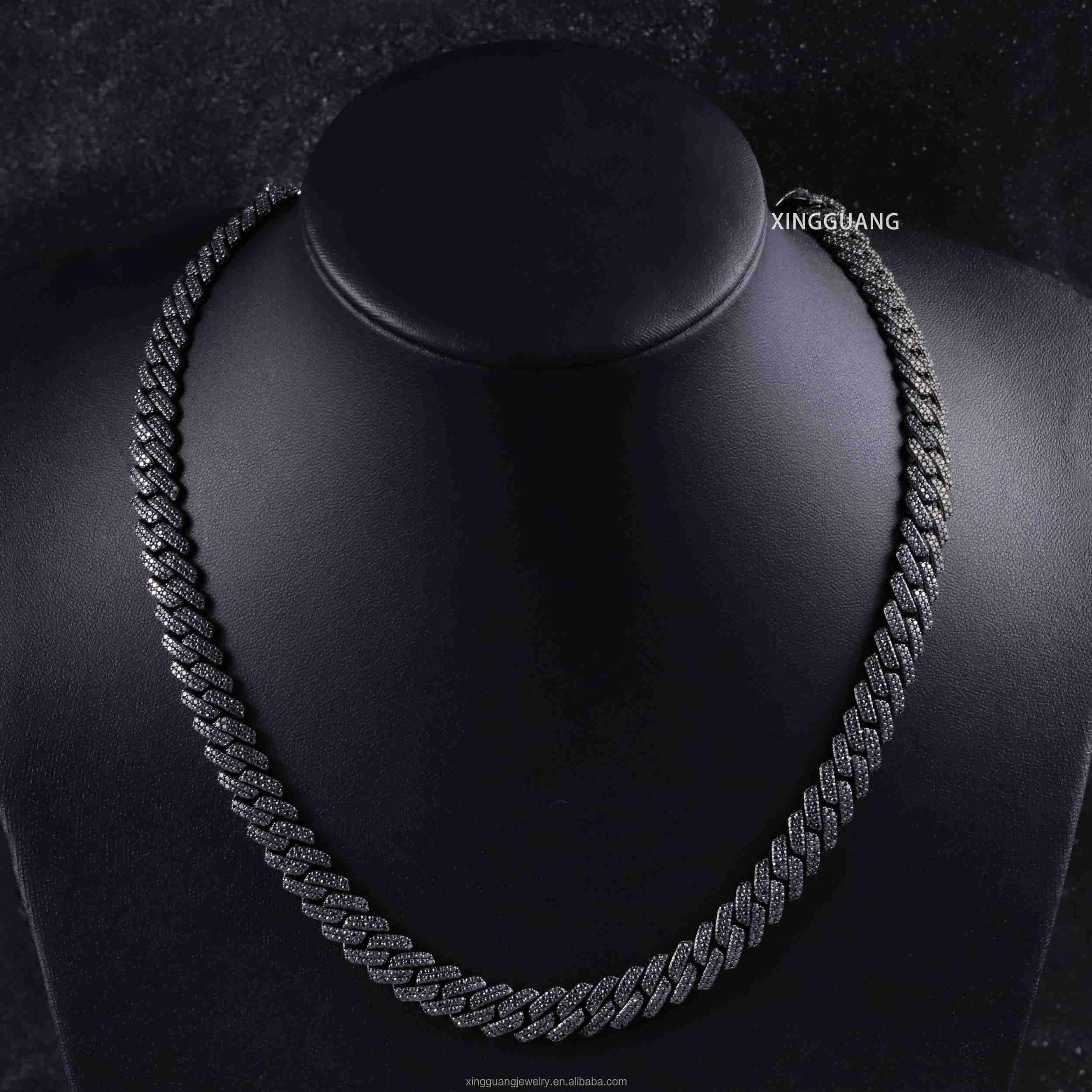 Hip Hop Fine Jewelry Passd Diamond Tester 925 Sterling Silver 10mm 12mm VVS Black Moissanite Prong Cuban Lidynamic Chain for Men