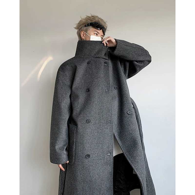 Mens DoubleBreasted Wool Blend Overcoat with Belt Loose Fit Solid Color Stand Collar MidLength Trench Coat for Autumn Winter J251017