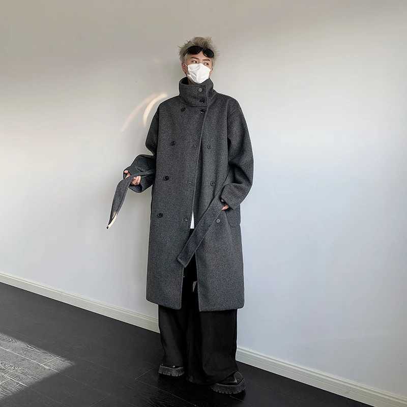 Mens DoubleBreasted Wool Blend Overcoat with Belt Loose Fit Solid Color Stand Collar MidLength Trench Coat for Autumn Winter J251017