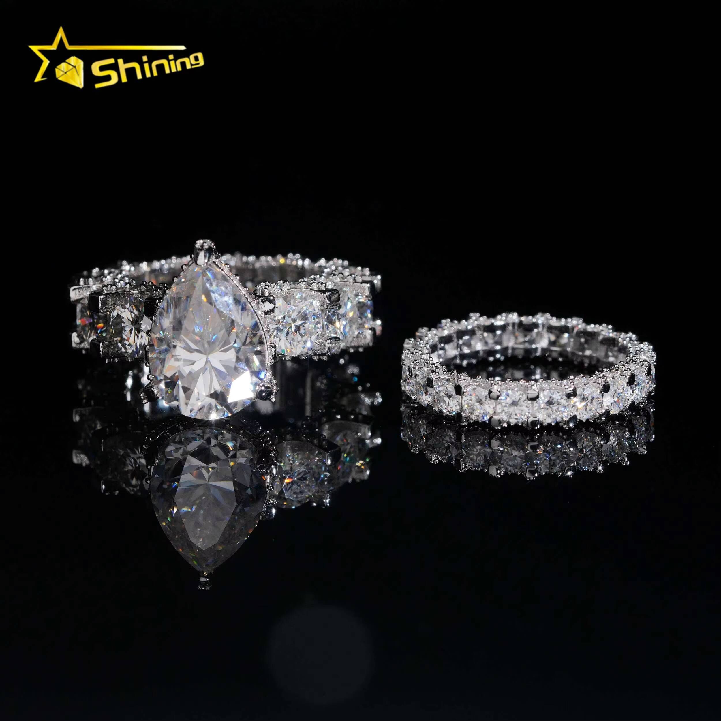 Wedding Ring Set 925 Sterling Silver Gold Plated Luxury Design Fully Band 6ct Pear Moissanite Pass Diamond Test Sparking Ring