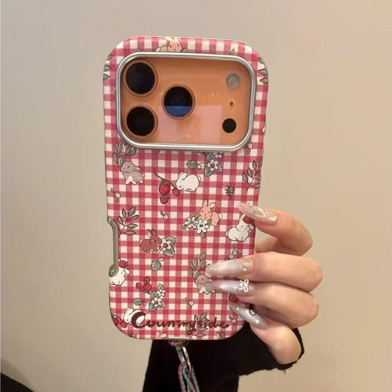 Fresh Red White Checkered Flower Strawberry Rabbit Case for iPhone 17 Pro, Apple 16, and 15 New Model