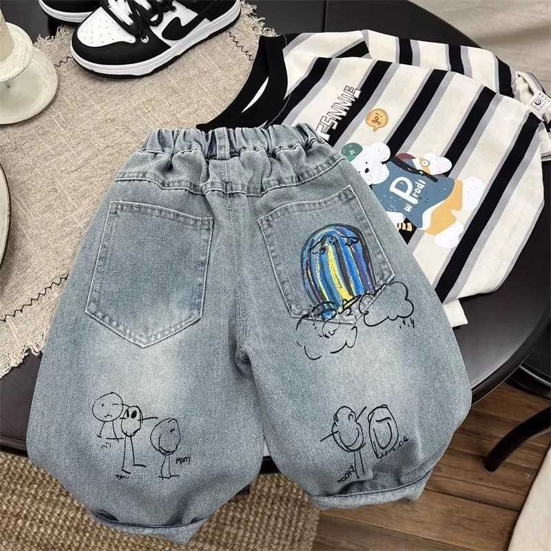 Childrens Jeans Trousers Spring and Autumn Pants Boys Stretch Pant 2025 New Boys Baby Loose Print Feet PantsT251017