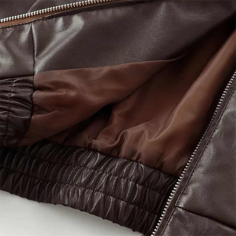 AutumnWinter New Product Casual Womens Fashion Simple Collar Long Sleeve Imitation Leather Pilot Jacket CoatT251017