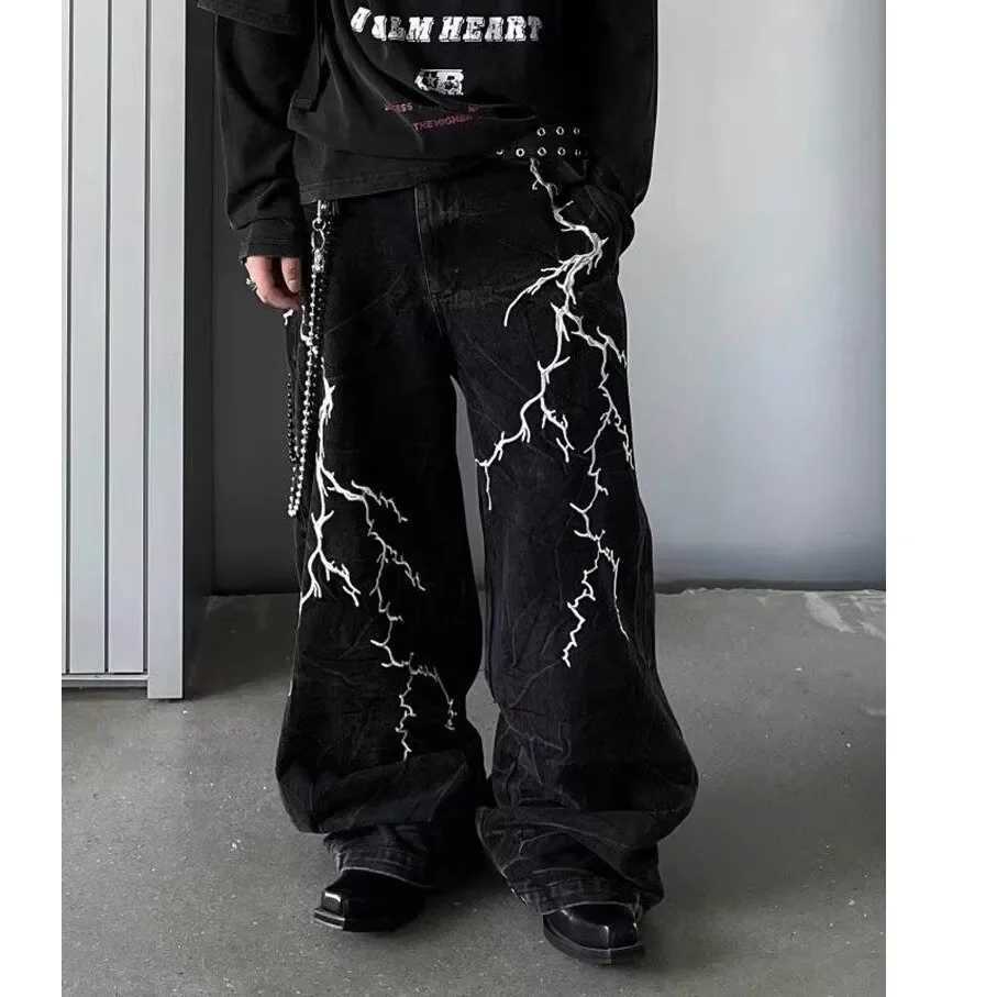 Vintage 1 Style Embroidered Lightning Bolt Jeans For Men And Women Casual Loose Fit Straight Leg Hip Hop Streetwear Y251105