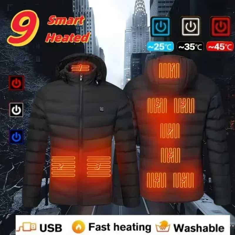 2024 New Mens Winter Multi Zone Heating Jacket USB Intelligent Heating Waterproof Hooded Top Cold Resistant Warm Cotton Coat H251017