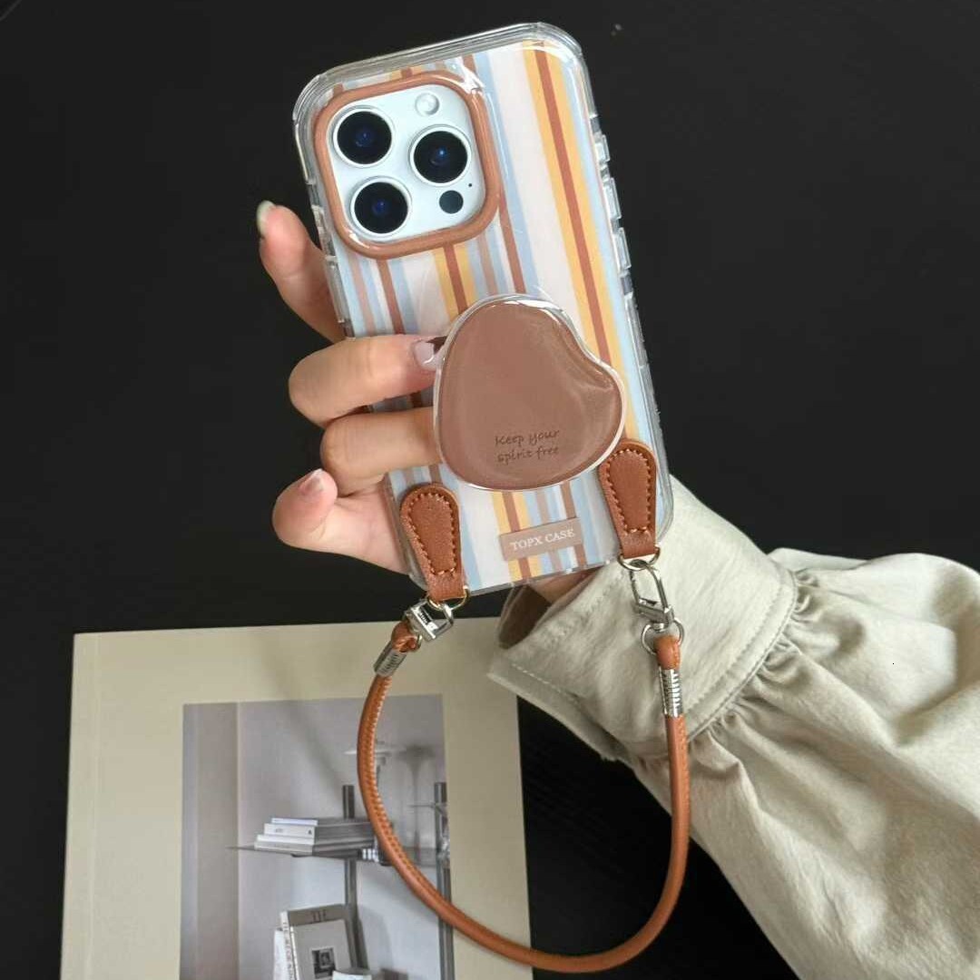 Autumn Winter Color-Block Striped Compatible with iPhone 17 Leather Lanyard Pro Max Apple 16 Phone Case 15 Women 14