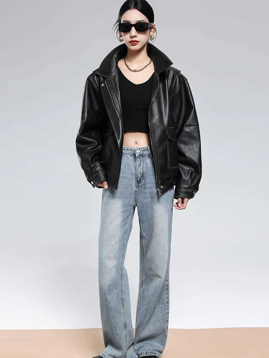 Lautaro Spring Autumn Cool Short Vintage Distressed Brown Pu Leather Jacket Women Turndown Collar Black American Retro ClothingT251017